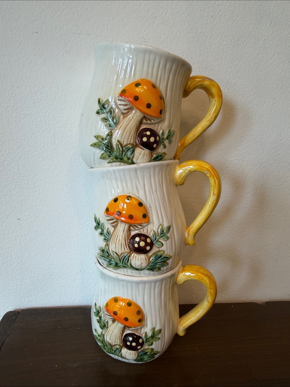 Merry Mushroom Ceramic Mushroom Accent Mug in Yellow and White - Set of 3